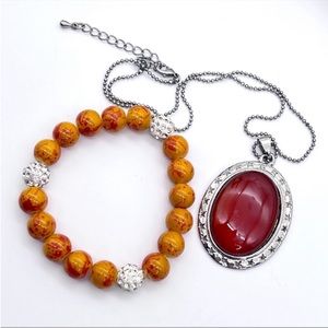 Carnelian Star Stamped Silver Pendant Necklace & Coordinating Beaded Bracelet